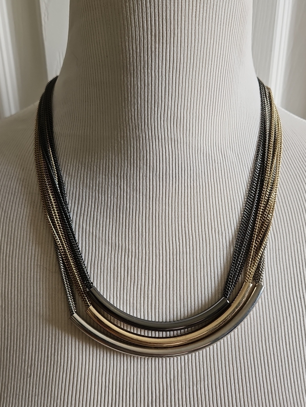 Tri-Colored Black, Silver, and Gold Multi-Strand Statement Necklace